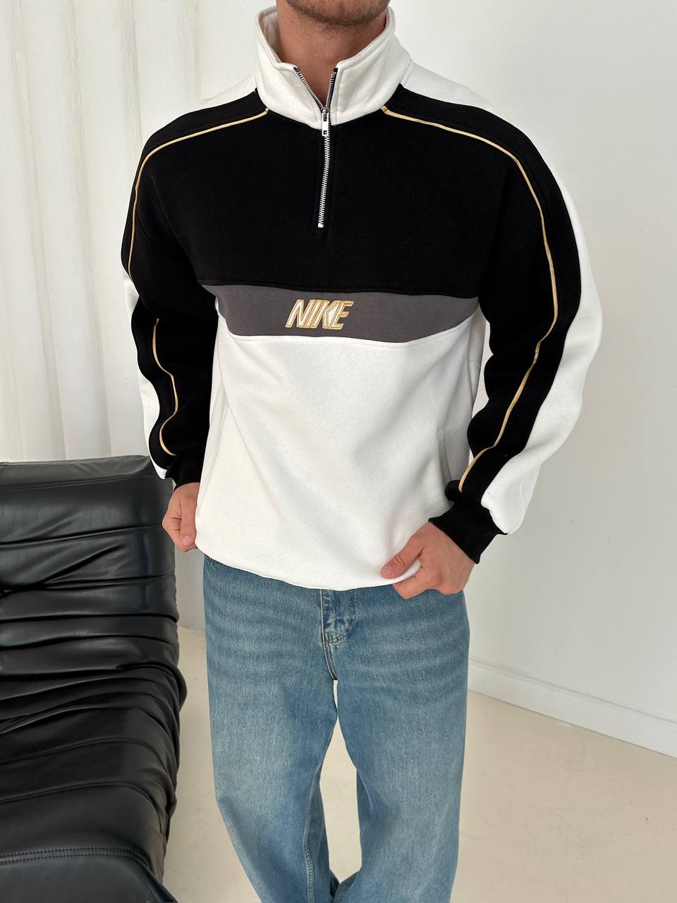 Parçalı Fermuar Yaka Sweatshirt